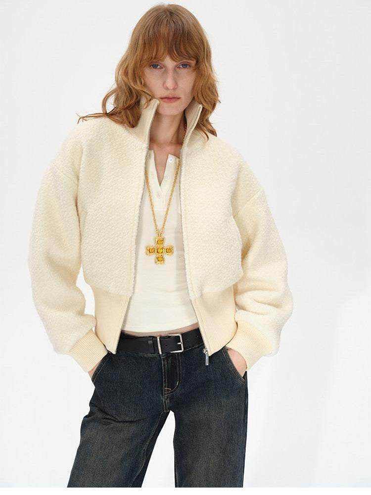 AFTADAWN Ivory Ribbed Knit Zip Stand Collar Women&