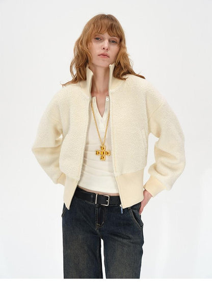AFTADAWN Ivory Ribbed Knit Zip Stand Collar Women&