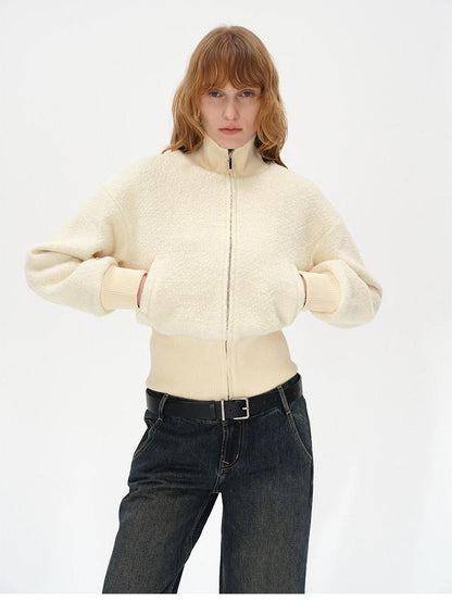 AFTADAWN Ivory Ribbed Knit Zip Stand Collar Women&