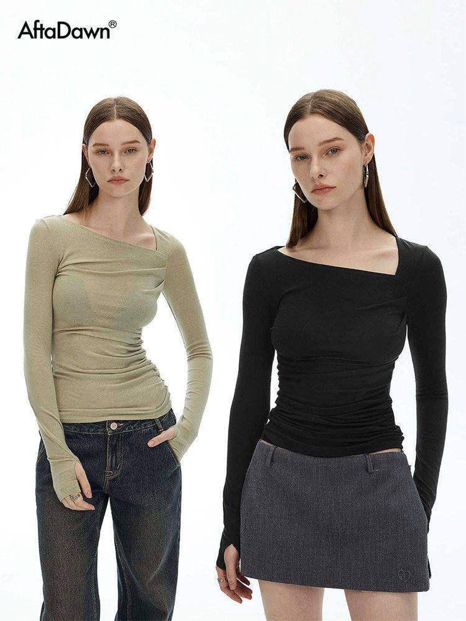 AFTADAWN Khaki Asymmetric Pleated Shoulder Women&