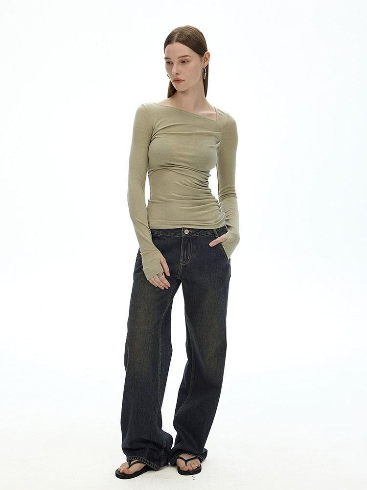 AFTADAWN Khaki Asymmetric Pleated Shoulder Women&