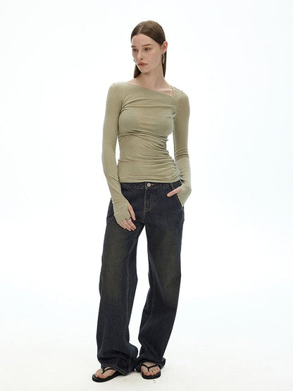 AFTADAWN Khaki Asymmetric Pleated Shoulder Women&