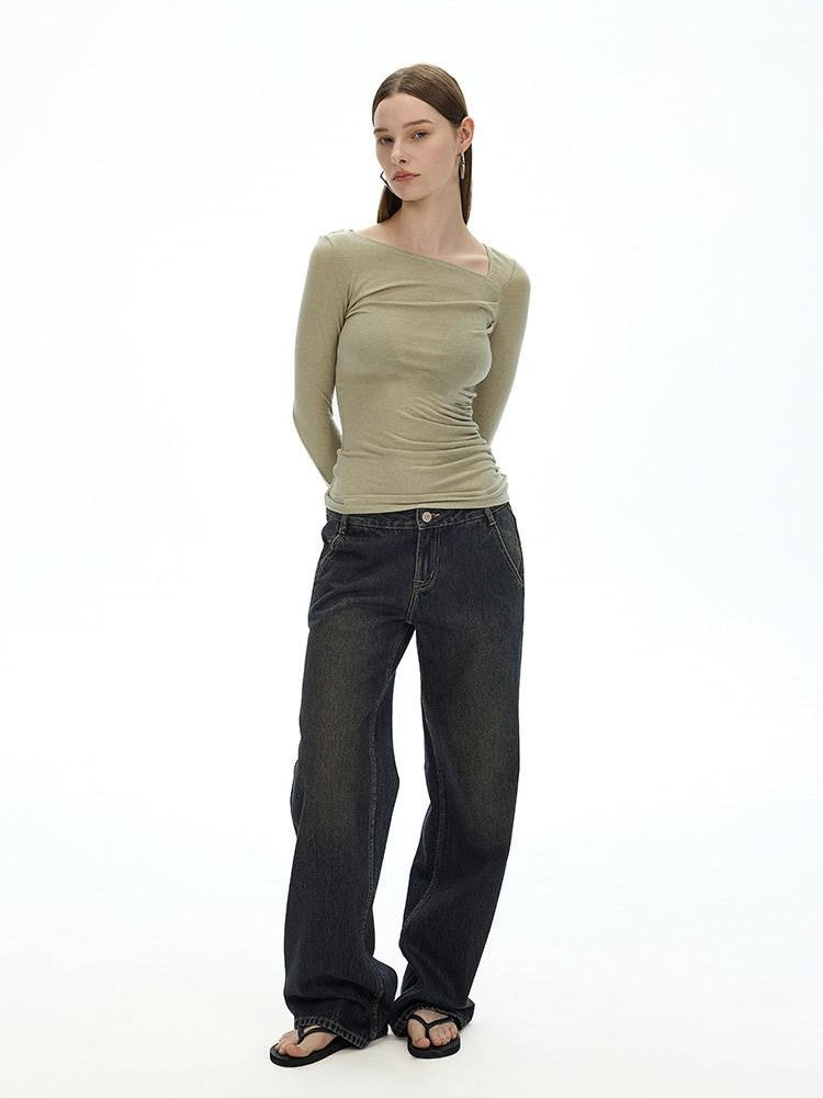 AFTADAWN Khaki Asymmetric Pleated Shoulder Women&