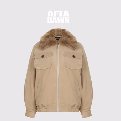 AFTADAWN_Khaki_Detachable_Fur_Collar_Panelled_Women&
