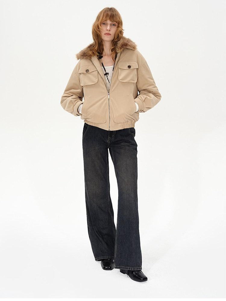 AFTADAWN Khaki Detachable Fur Collar Panelled Women&