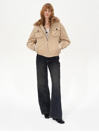 AFTADAWN Khaki Detachable Fur Collar Panelled Women&