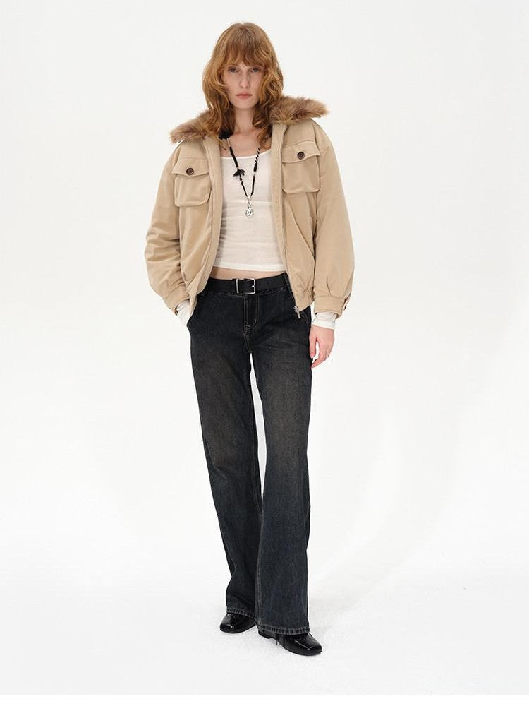 AFTADAWN Khaki Detachable Fur Collar Panelled Women&