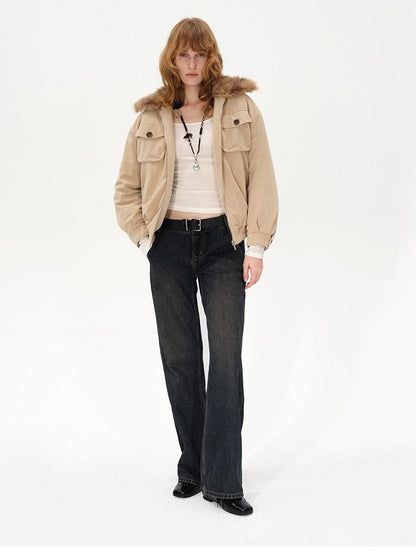 AFTADAWN Khaki Detachable Fur Collar Panelled Women&