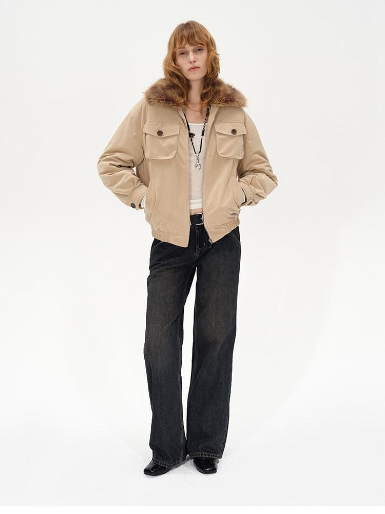 AFTADAWN Khaki Detachable Fur Collar Panelled Women&