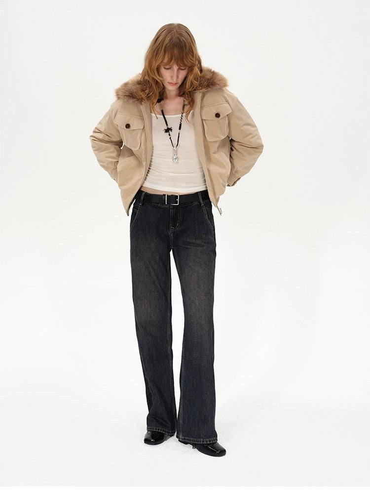 AFTADAWN Khaki Detachable Fur Collar Panelled Women&