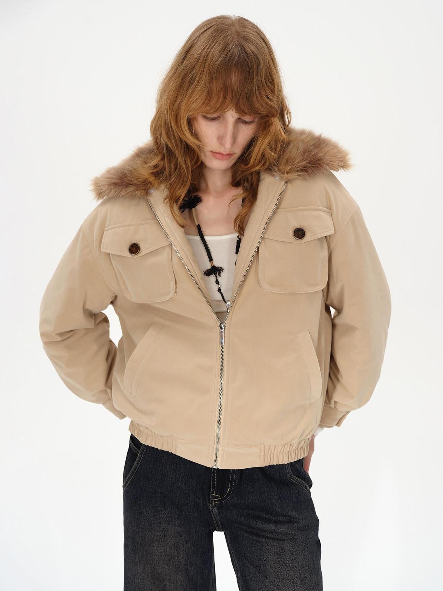 AFTADAWN Khaki Detachable Fur Collar Panelled Women&