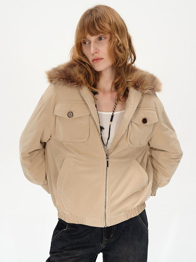 AFTADAWN Khaki Detachable Fur Collar Panelled Women&