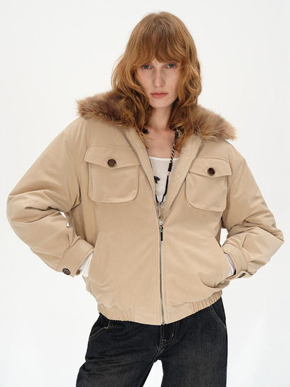 AFTADAWN Khaki Detachable Fur Collar Panelled Women&