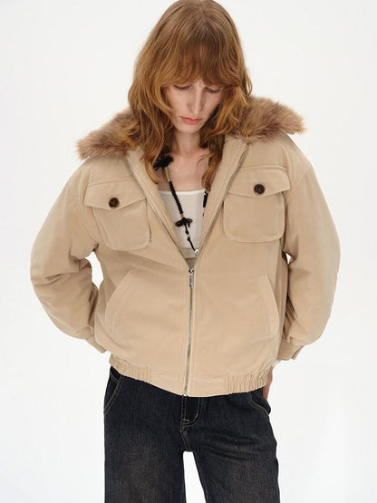 AFTADAWN Khaki Detachable Fur Collar Panelled Women&