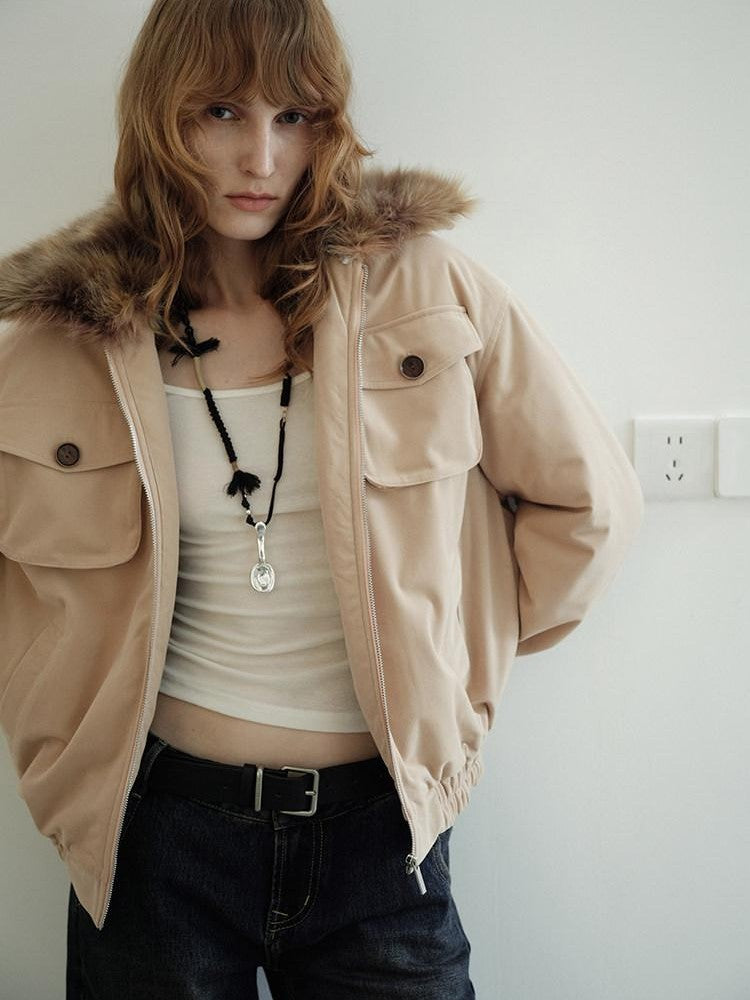 AFTADAWN Khaki Detachable Fur Collar Panelled Women&
