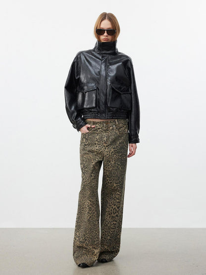 AFTADAWN Khaki Washed Leopard Print Boxy Natural Waist Women&