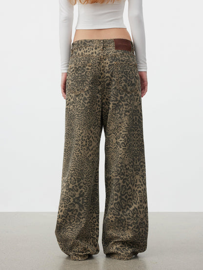 AFTADAWN Khaki Washed Leopard Print Boxy Natural Waist Women&