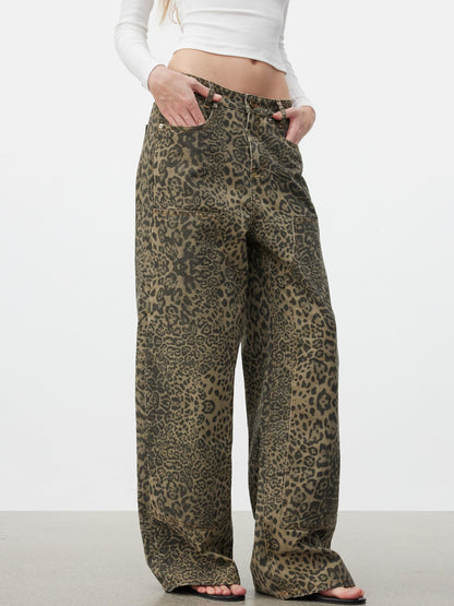AFTADAWN Khaki Washed Leopard Print Boxy Natural Waist Women&