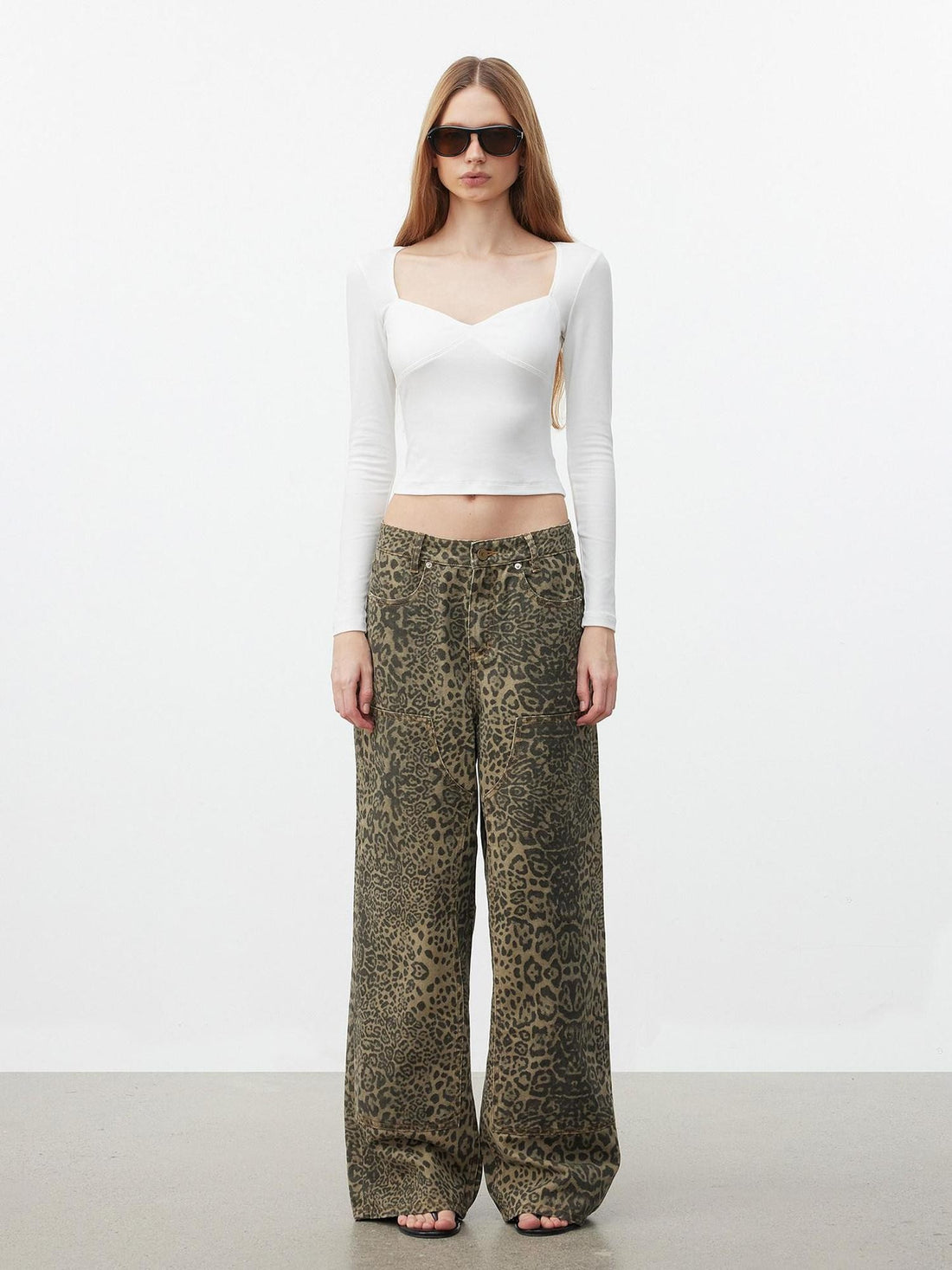 AFTADAWN Khaki Washed Leopard Print Boxy Natural Waist Women&