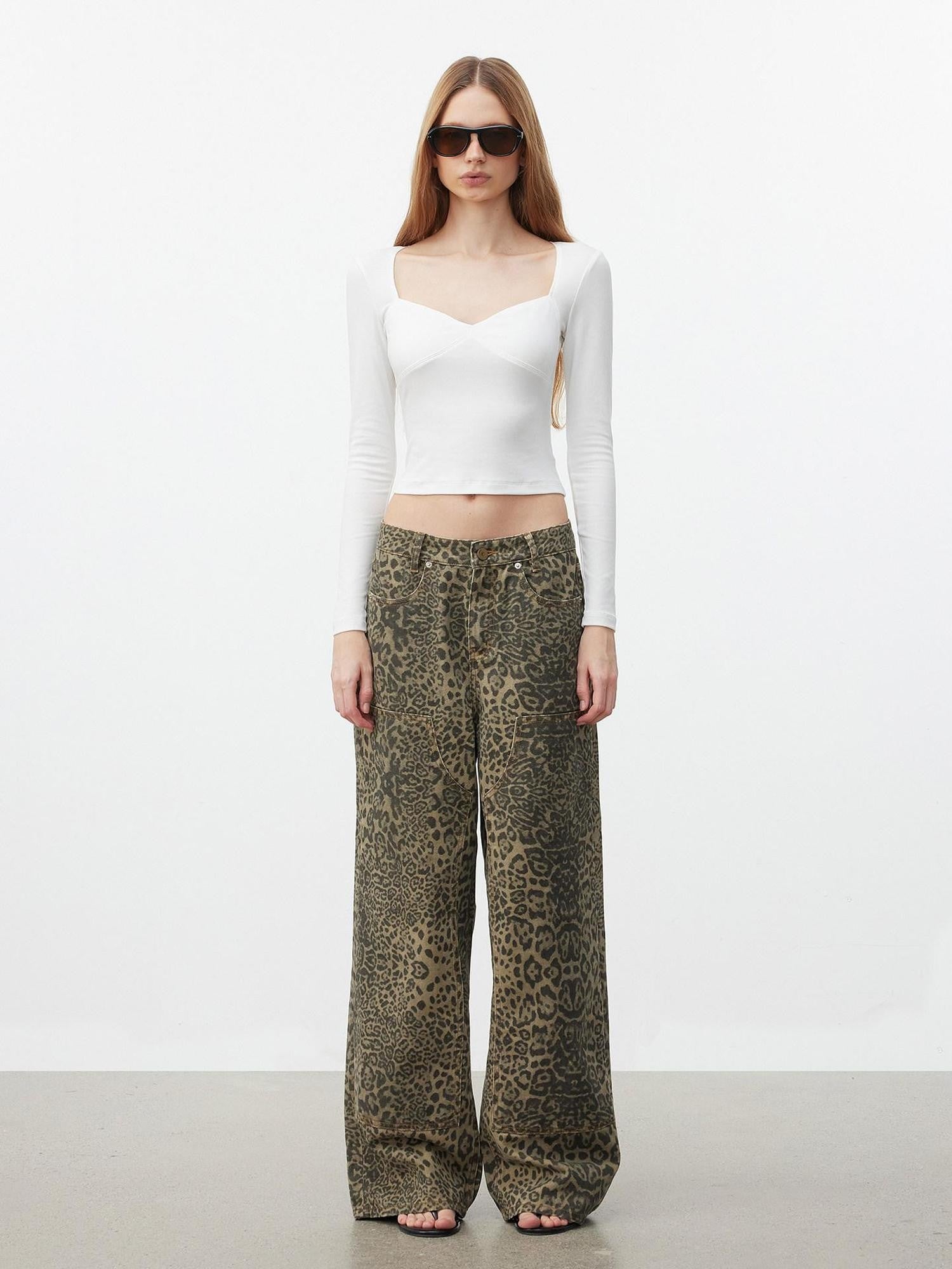 AFTADAWN Khaki Washed Leopard Print Boxy Natural Waist Women&