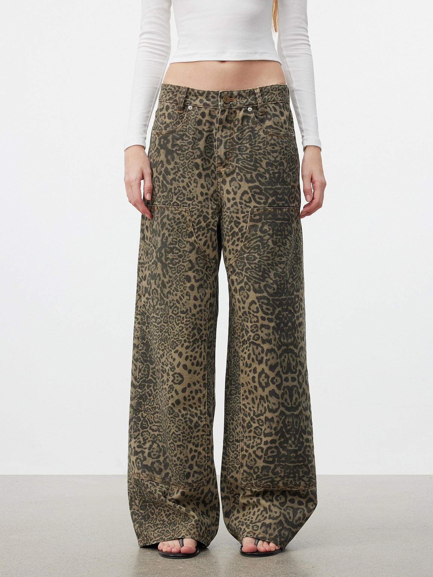 AFTADAWN Khaki Washed Leopard Print Boxy Natural Waist Women&