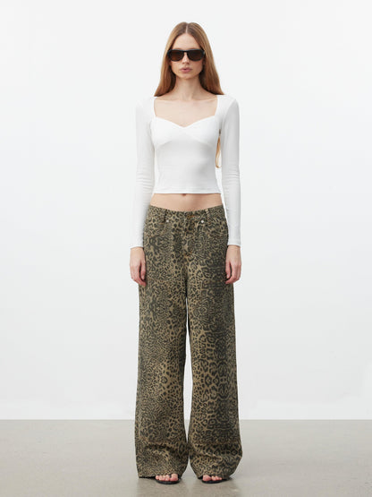 AFTADAWN Khaki Washed Leopard Print Boxy Natural Waist Women&