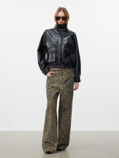 AFTADAWN Khaki Washed Leopard Print Boxy Natural Waist Women&