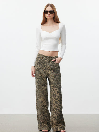 AFTADAWN Khaki Washed Leopard Print Boxy Natural Waist Women&