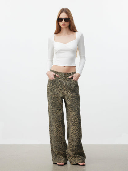 AFTADAWN Khaki Washed Leopard Print Boxy Natural Waist Women&