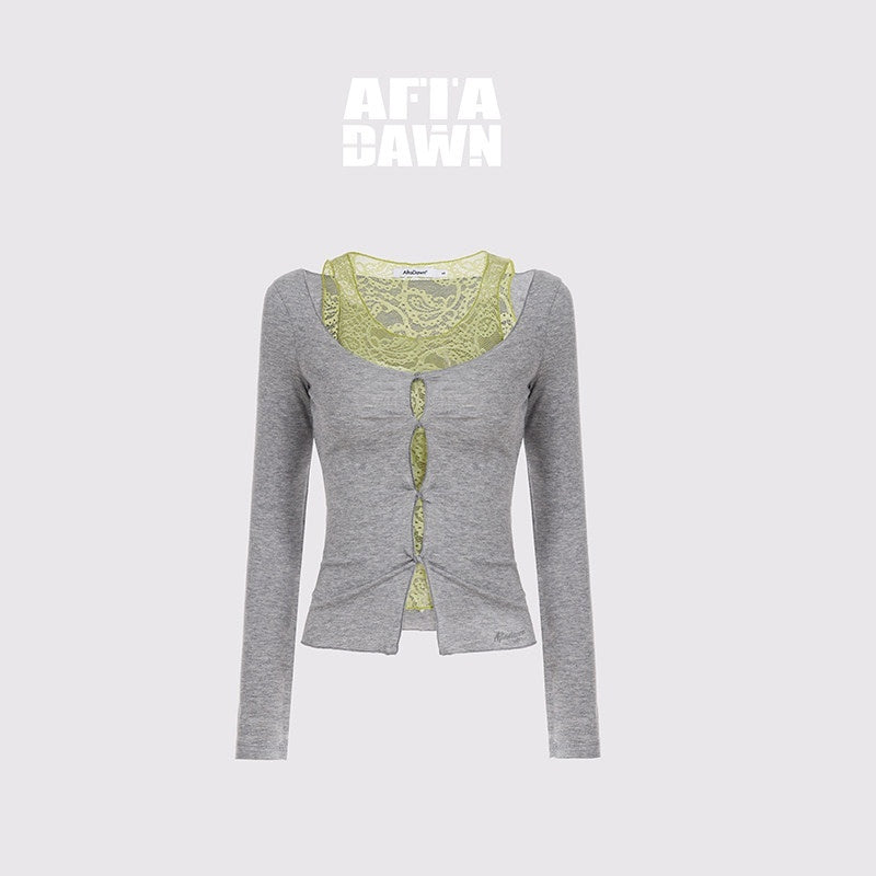 AFTADAWN_Lace_Mesh_V-neck_Faux_Two_Piece_Women&