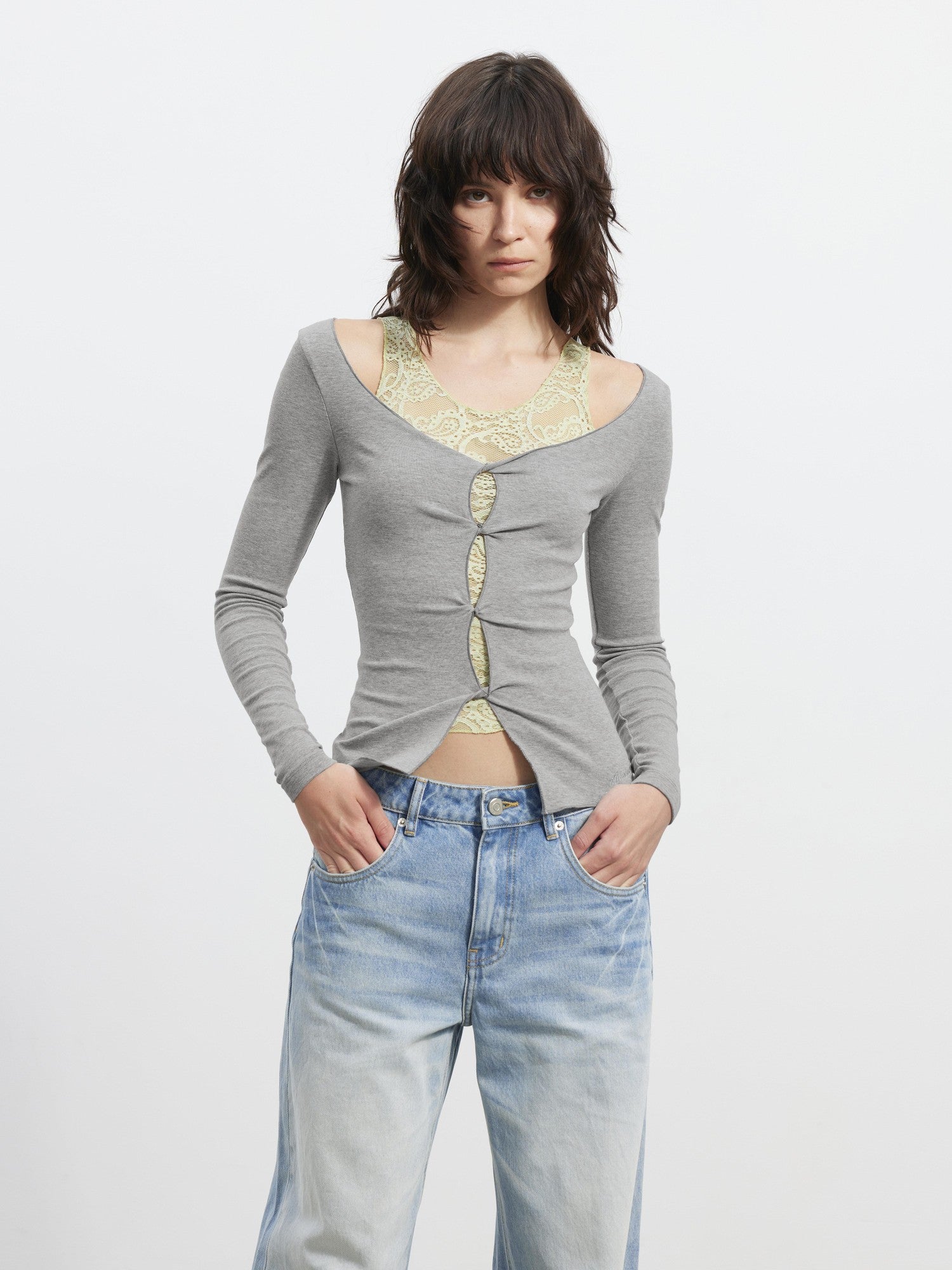 AFTADAWN Lace Mesh V-neck Faux Two Piece Women&