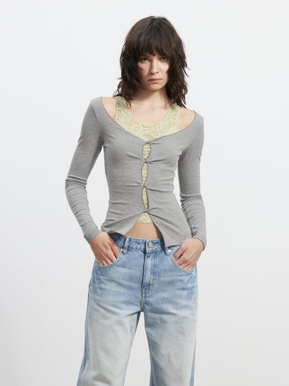 AFTADAWN Lace Mesh V-neck Faux Two Piece Women&