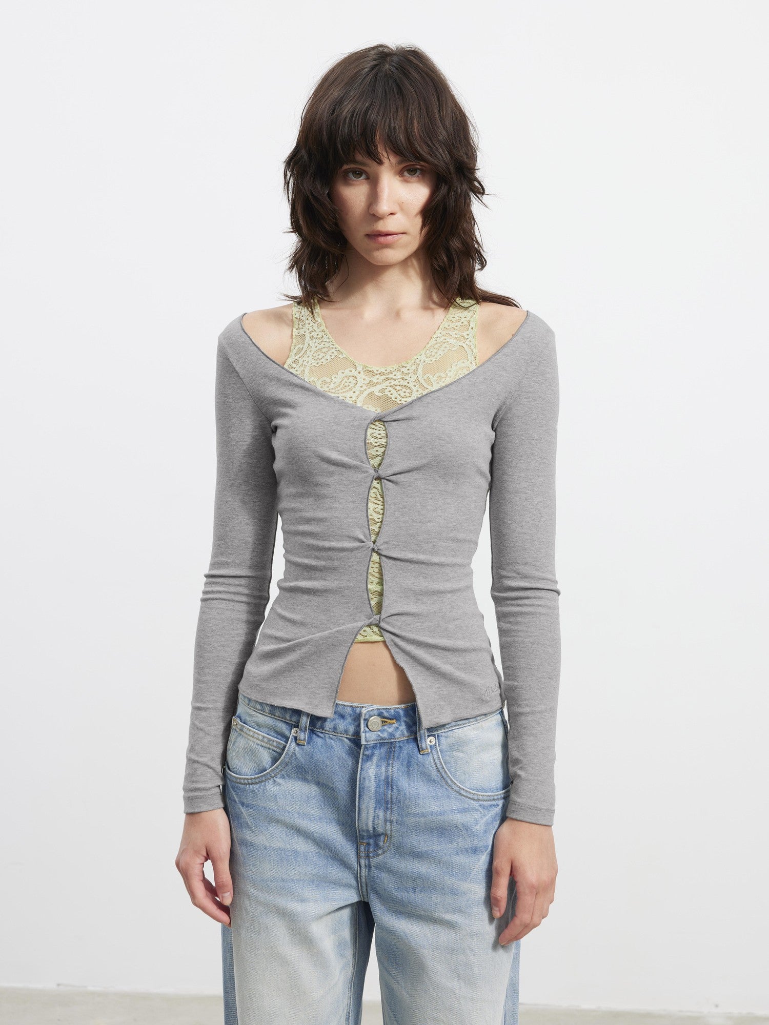 AFTADAWN Lace Mesh V-neck Faux Two Piece Women&