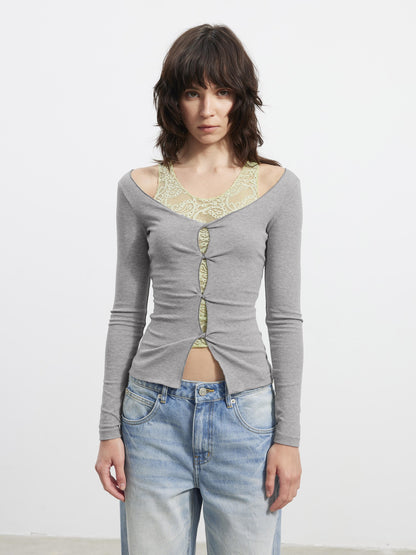 AFTADAWN Lace Mesh V-neck Faux Two Piece Women&