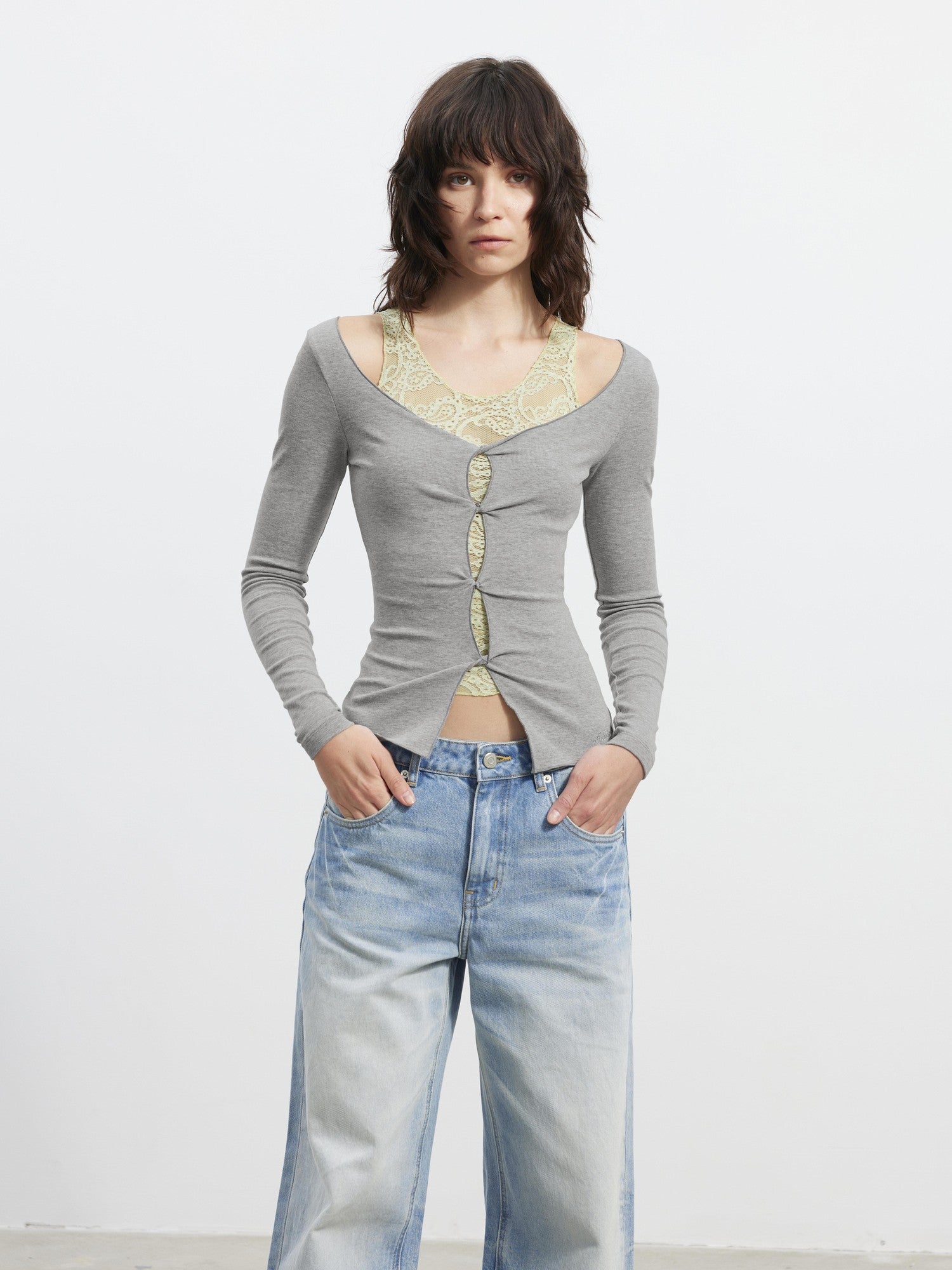 AFTADAWN Lace Mesh V-neck Faux Two Piece Women&