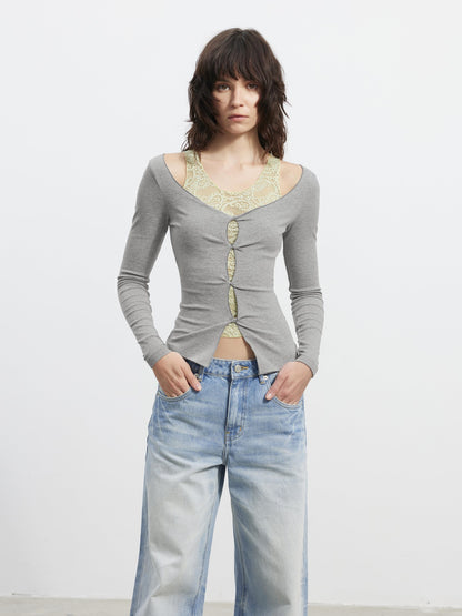 AFTADAWN Lace Mesh V-neck Faux Two Piece Women&
