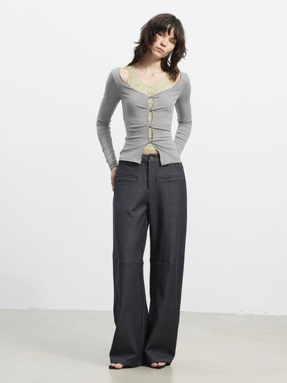 AFTADAWN Lace Mesh V-neck Faux Two Piece Women&
