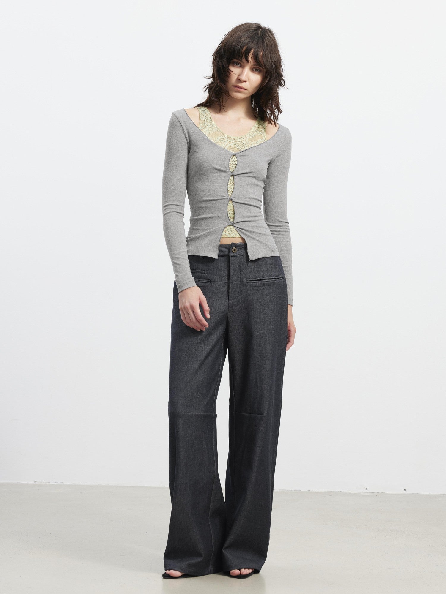 AFTADAWN Lace Mesh V-neck Faux Two Piece Women&