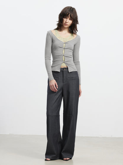 AFTADAWN Lace Mesh V-neck Faux Two Piece Women&