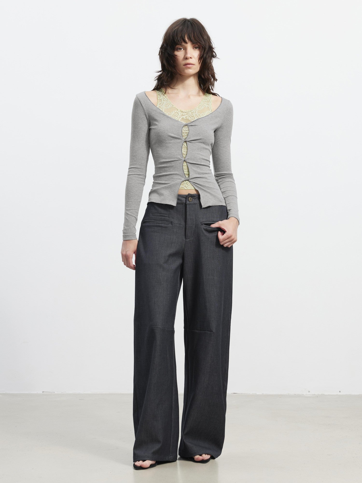 AFTADAWN Lace Mesh V-neck Faux Two Piece Women&