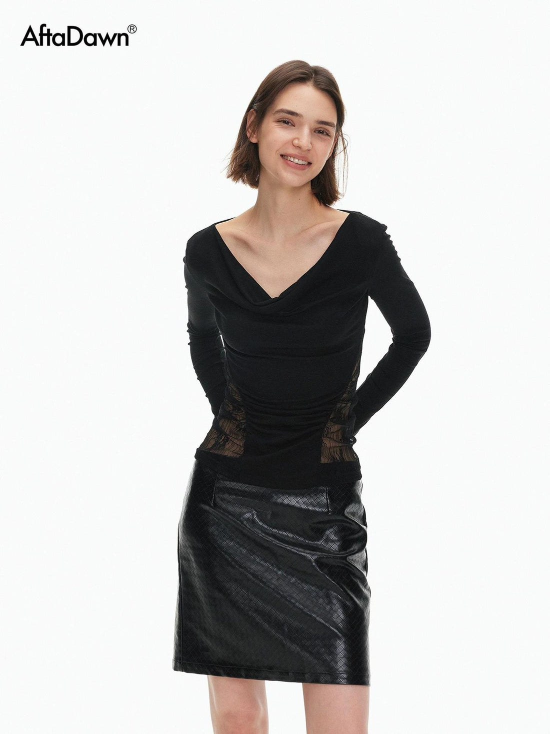 AFTADAWN Lace Spliced Cowl Neck Cutout Slim Fit Women&