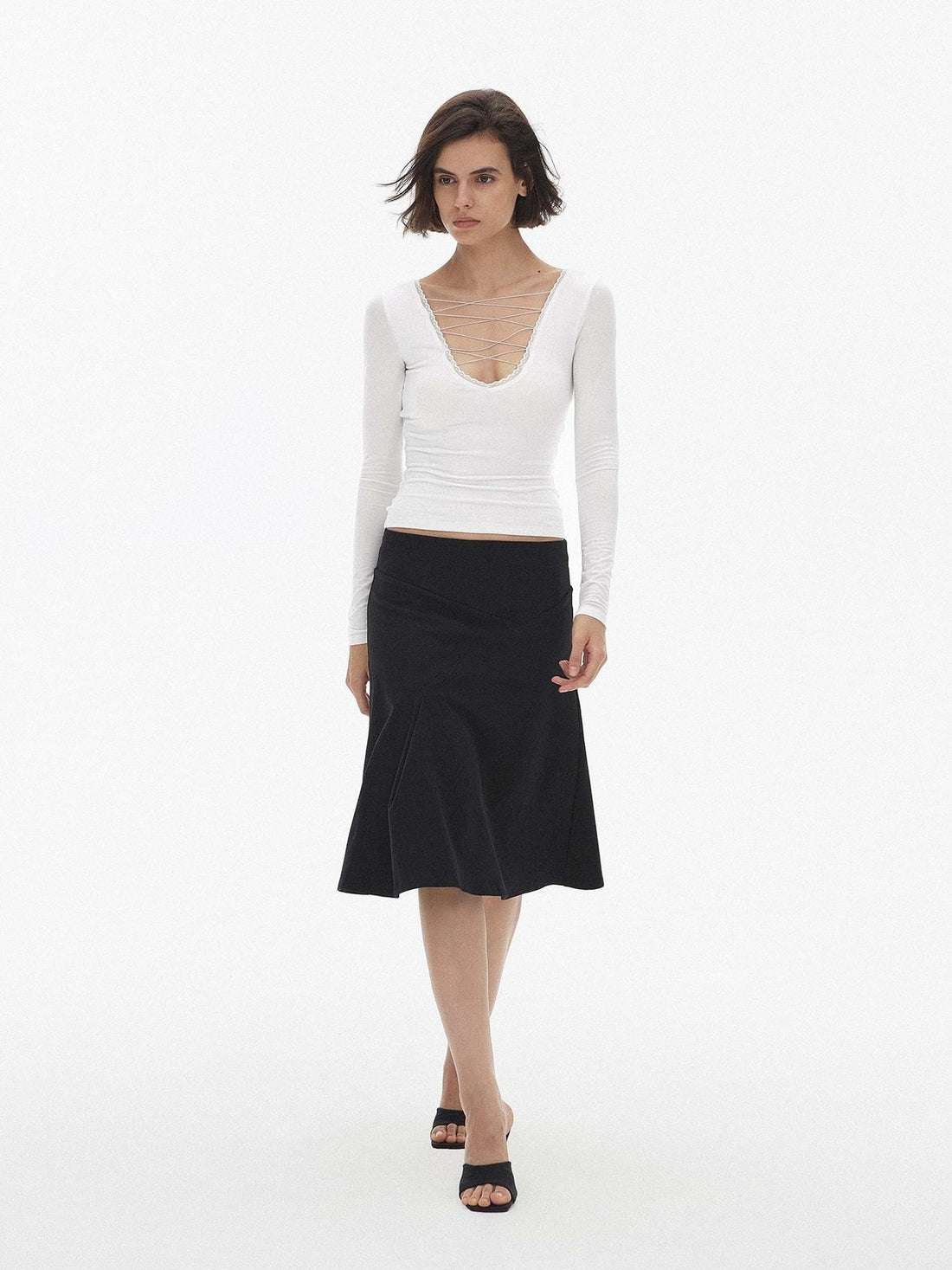 AFTADAWN Lace Trim Reversible Deep V-neck Slim Fit Lyocell Women&