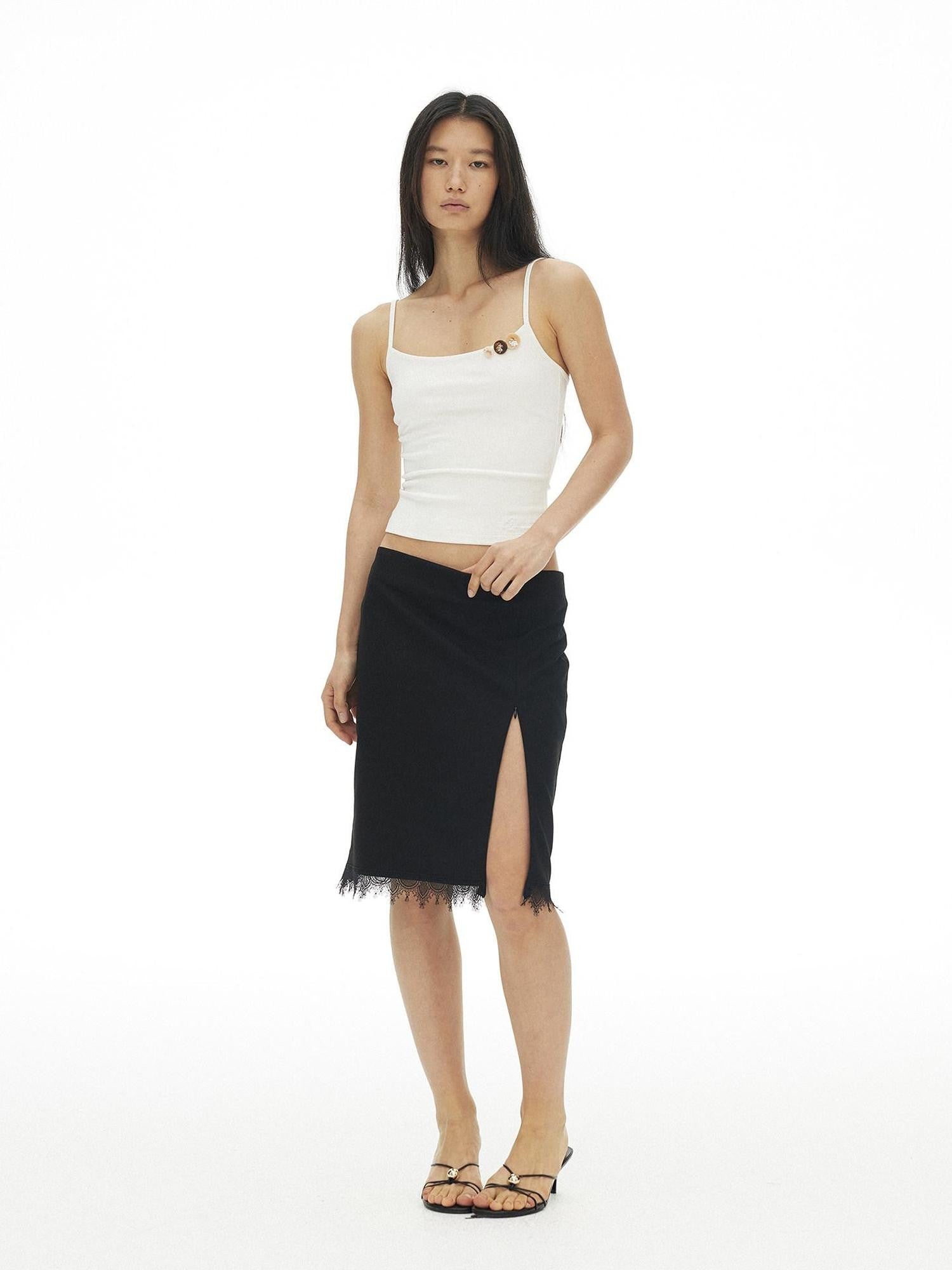 AFTADAWN Lace Trim Side Slit Hidden Zipper Straight Women&