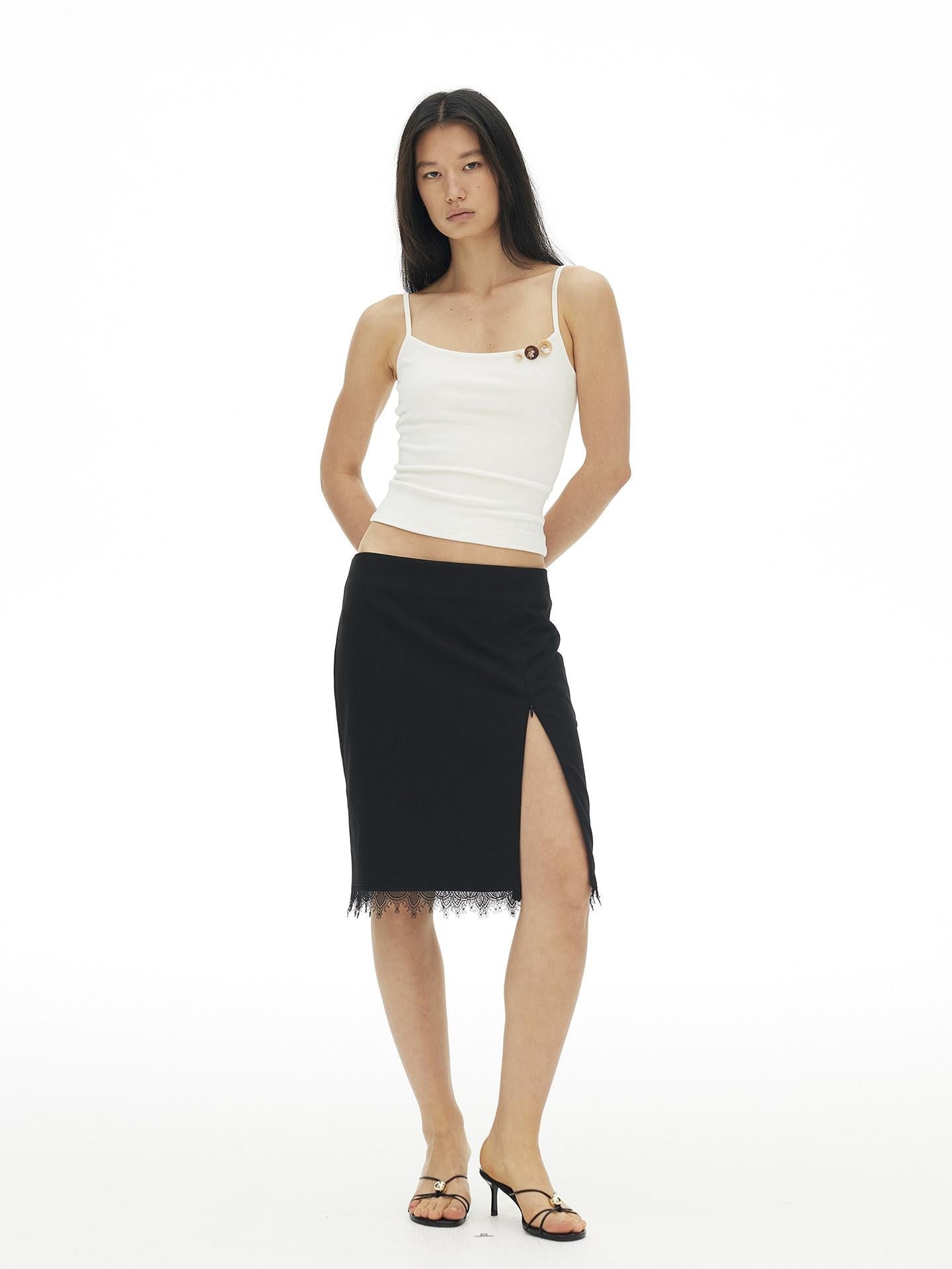 AFTADAWN Lace Trim Side Slit Hidden Zipper Straight Women&