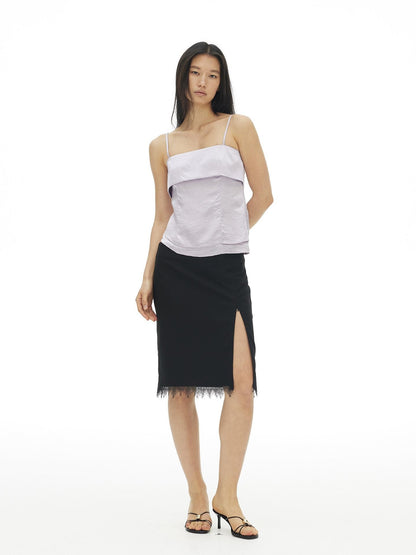 AFTADAWN Lace Trim Side Slit Hidden Zipper Straight Women&