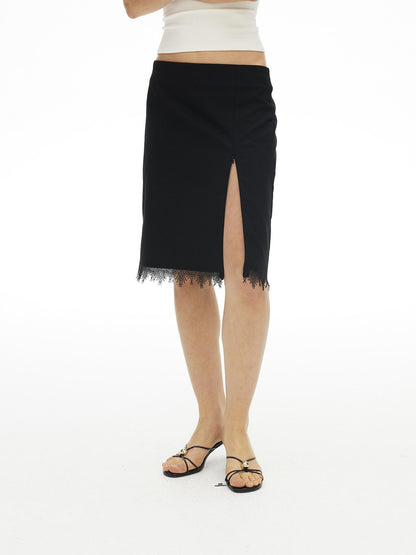 AFTADAWN Lace Trim Side Slit Hidden Zipper Straight Women&