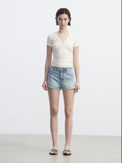AFTADAWN Lace Trim Spliced V-neck Bow Waist Women&