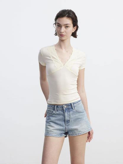 AFTADAWN Lace Trim Spliced V-neck Bow Waist Women&