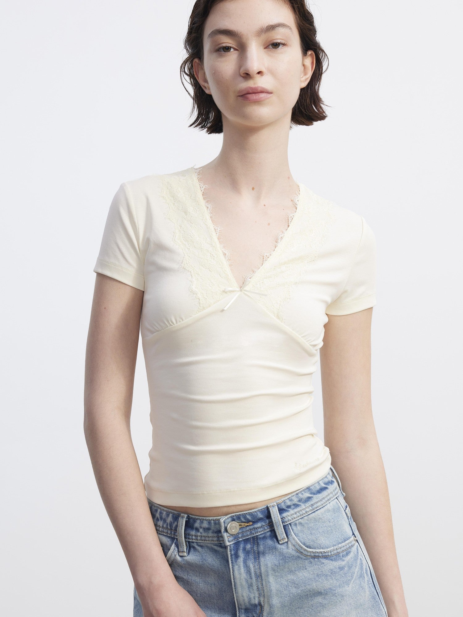 AFTADAWN Lace Trim Spliced V-neck Bow Waist Women&