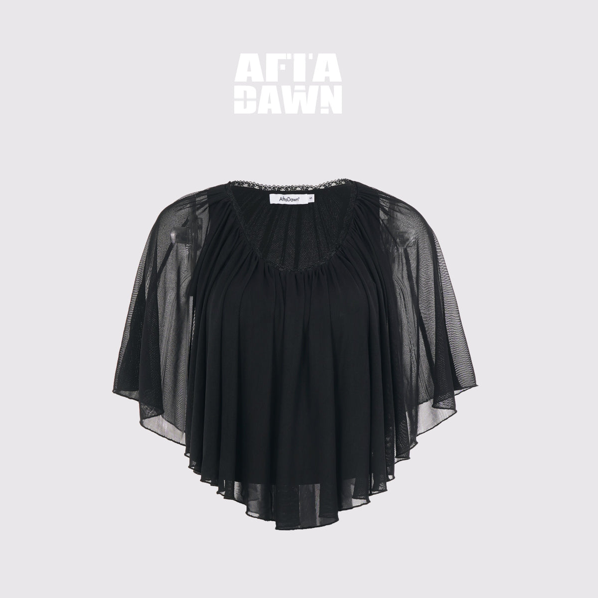 AFTADAWN_Lace_Trim_U_Neck_Ruched_Cape_Sleeve_Mesh_Women&
